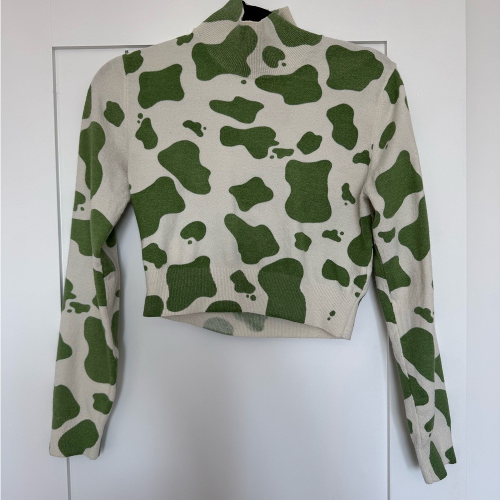 Zara Green and Cream Cow Print Cropped Jacket